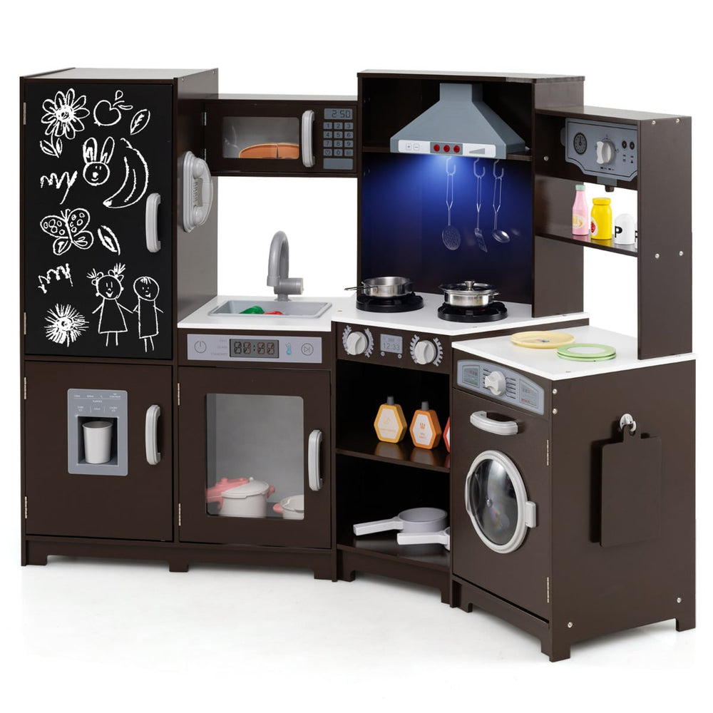 Corner Wooden Play Kitchen with Lights Sounds Toy Kitchen Playset-Espresso