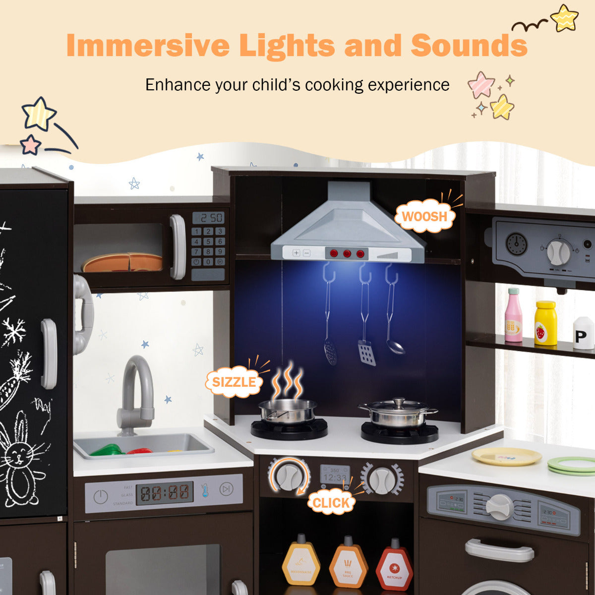 Corner Wooden Play Kitchen with Lights Sounds Toy Kitchen Playset-Espresso