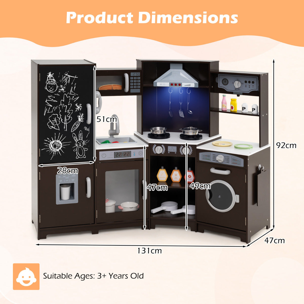 Corner Wooden Play Kitchen with Lights Sounds Toy Kitchen Playset-Espresso
