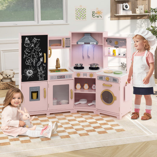 Corner Wooden Play Kitchen with Lights Sounds Toy Kitchen Playset-Pink