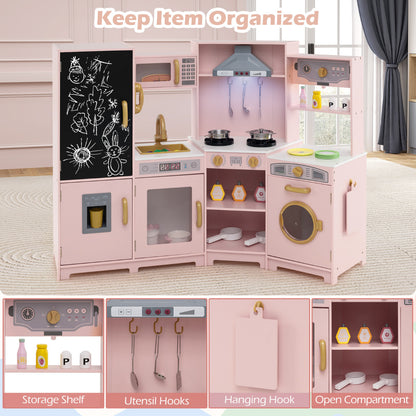 Corner Wooden Play Kitchen with Lights Sounds Toy Kitchen Playset-Pink