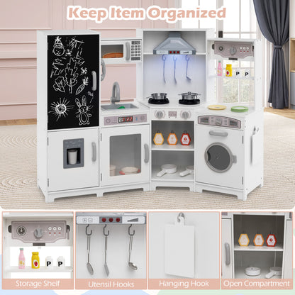 Corner Wooden Play Kitchen with Lights Sounds Toy Kitchen Playset-White