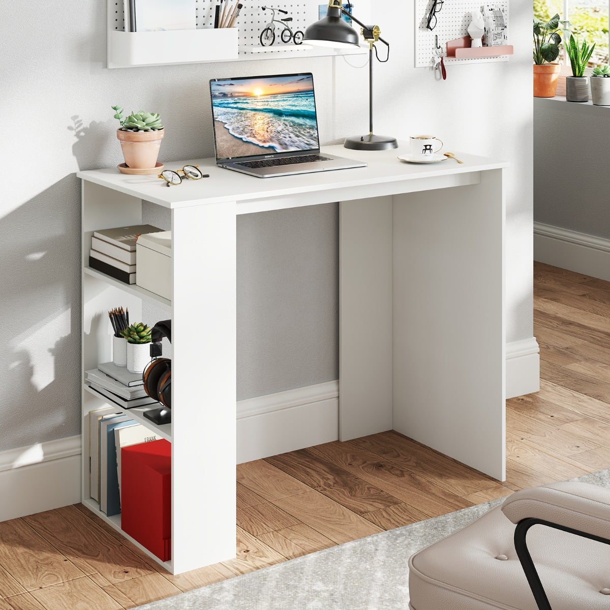 Computer Desk with Bookshelf for Study Living Room-White
