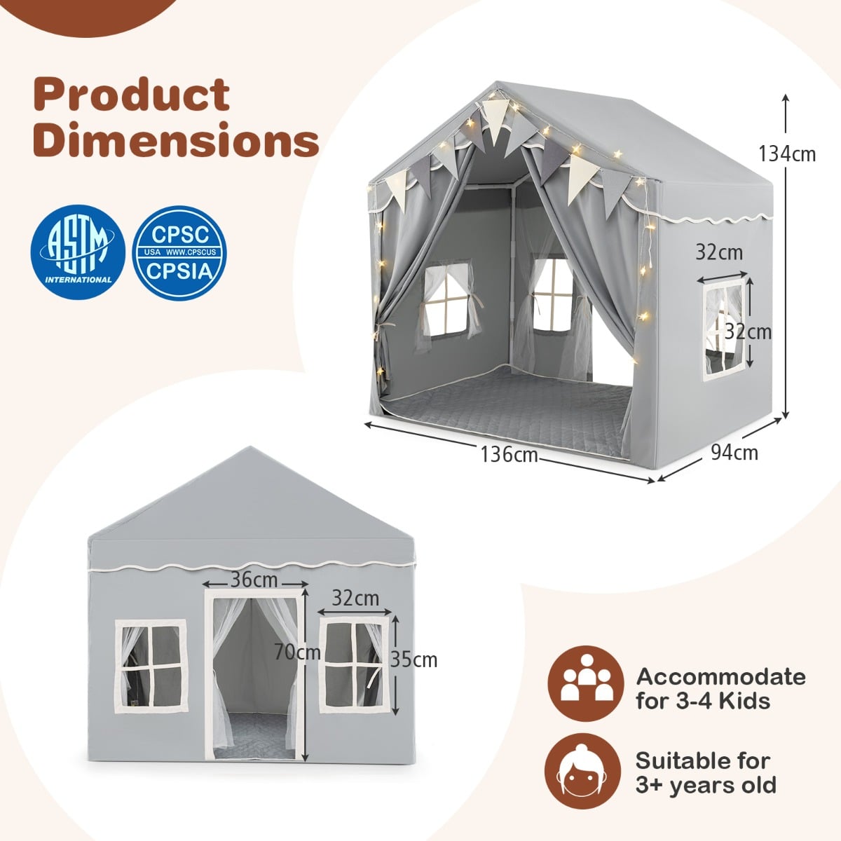 3-4 Kids Large Play Tent House with 2 Opening Doors  Star Lights and Plaid Pennants-Grey
