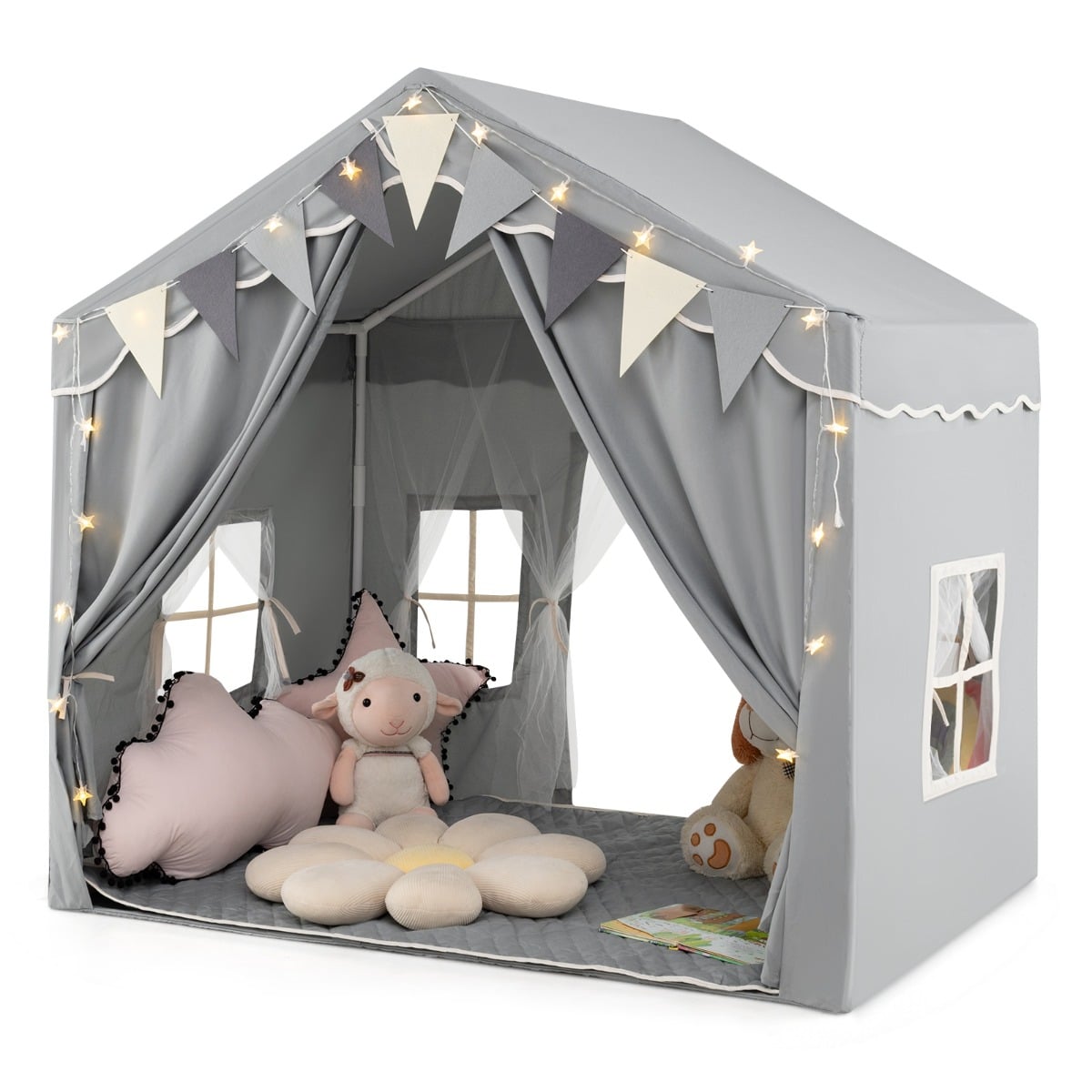 3-4 Kids Large Play Tent House with 2 Opening Doors  Star Lights and Plaid Pennants-Grey