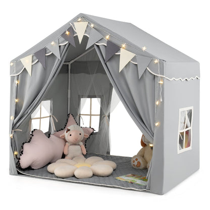3-4 Kids Large Play Tent House with 2 Opening Doors  Star Lights and Plaid Pennants-Grey