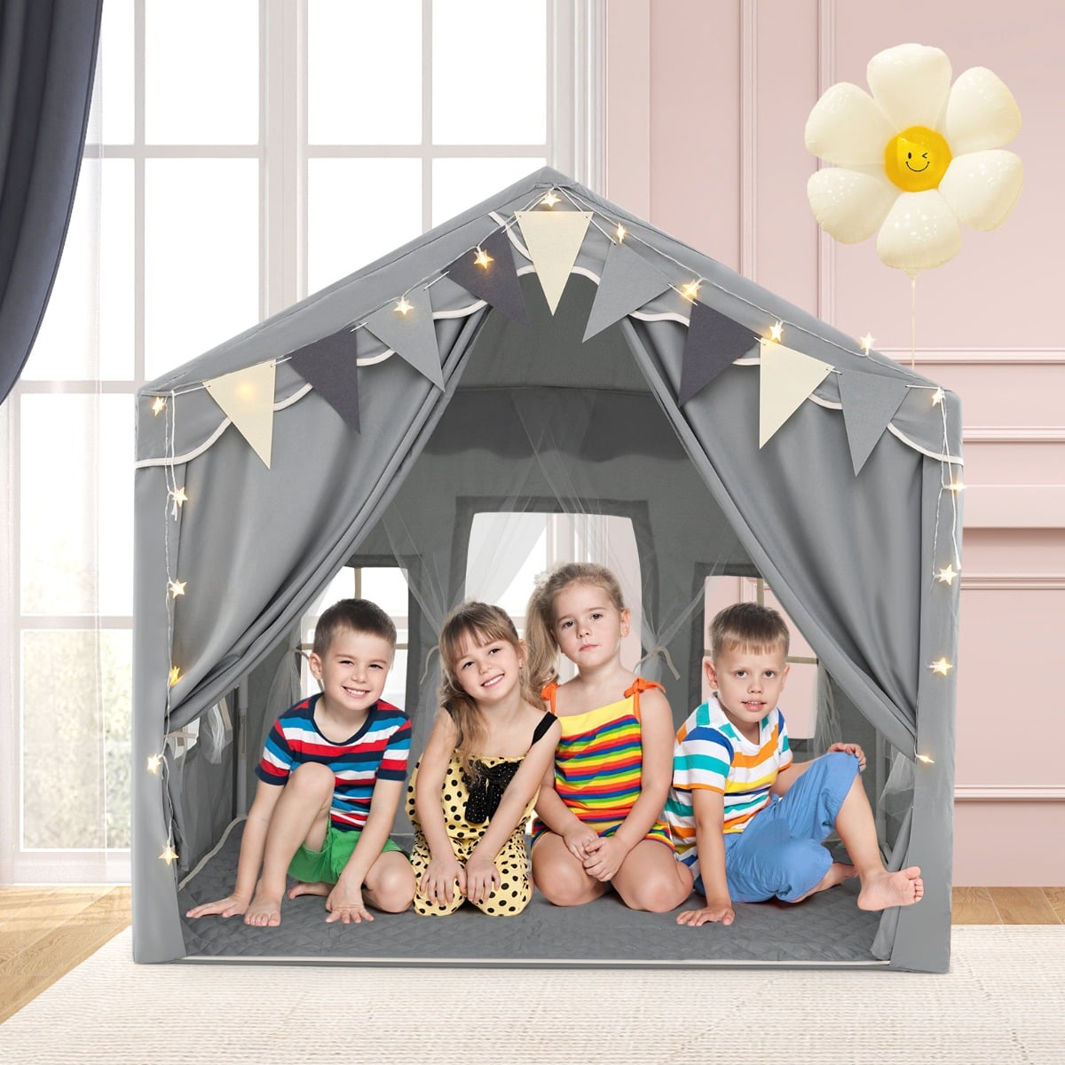 3-4 Kids Large Play Tent House with 2 Opening Doors  Star Lights and Plaid Pennants-Grey
