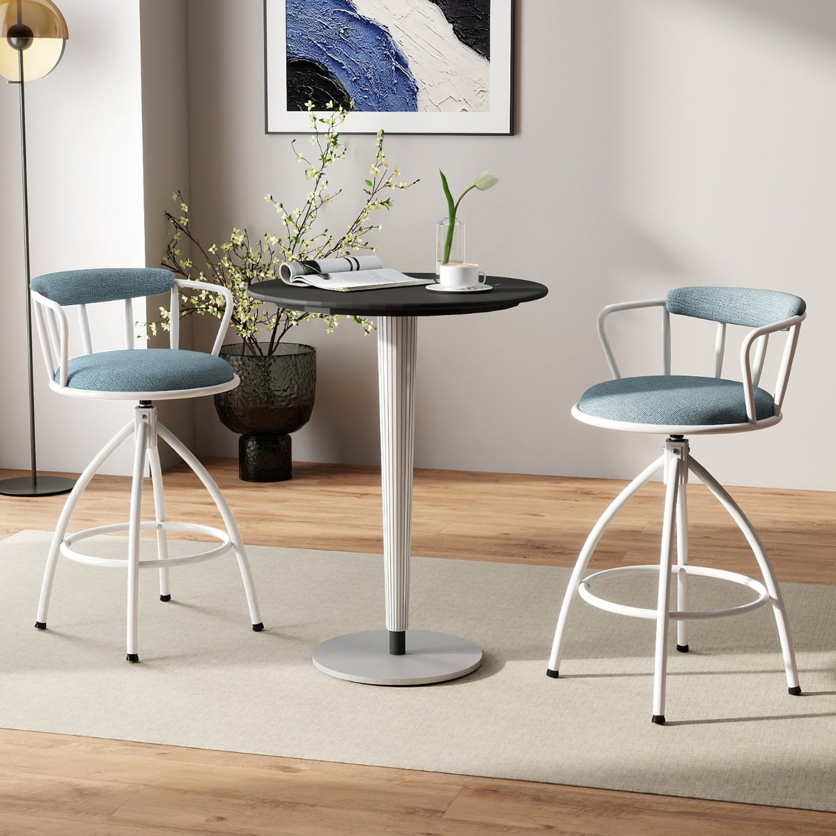 Counter Height Swivel Bar Stools Set of 2 Upholstered Barsools with Backrest-Blue