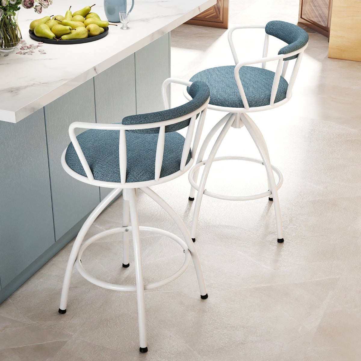 Counter Height Swivel Bar Stools Set of 2 Upholstered Barsools with Backrest-Blue