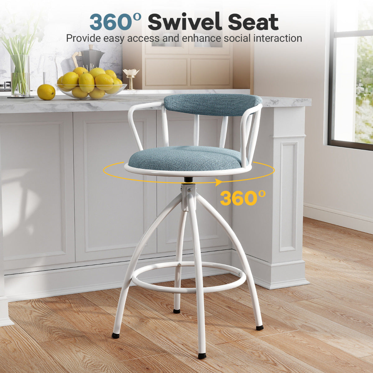Counter Height Swivel Bar Stools Set of 2 Upholstered Barsools with Backrest-Blue