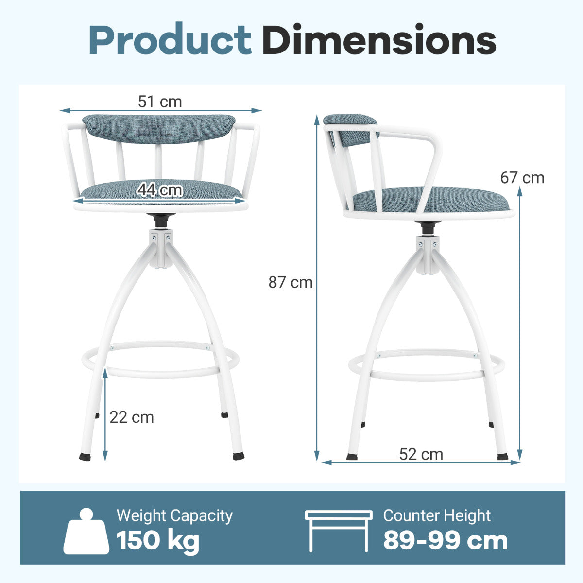 Counter Height Swivel Bar Stools Set of 2 Upholstered Barsools with Backrest-Blue