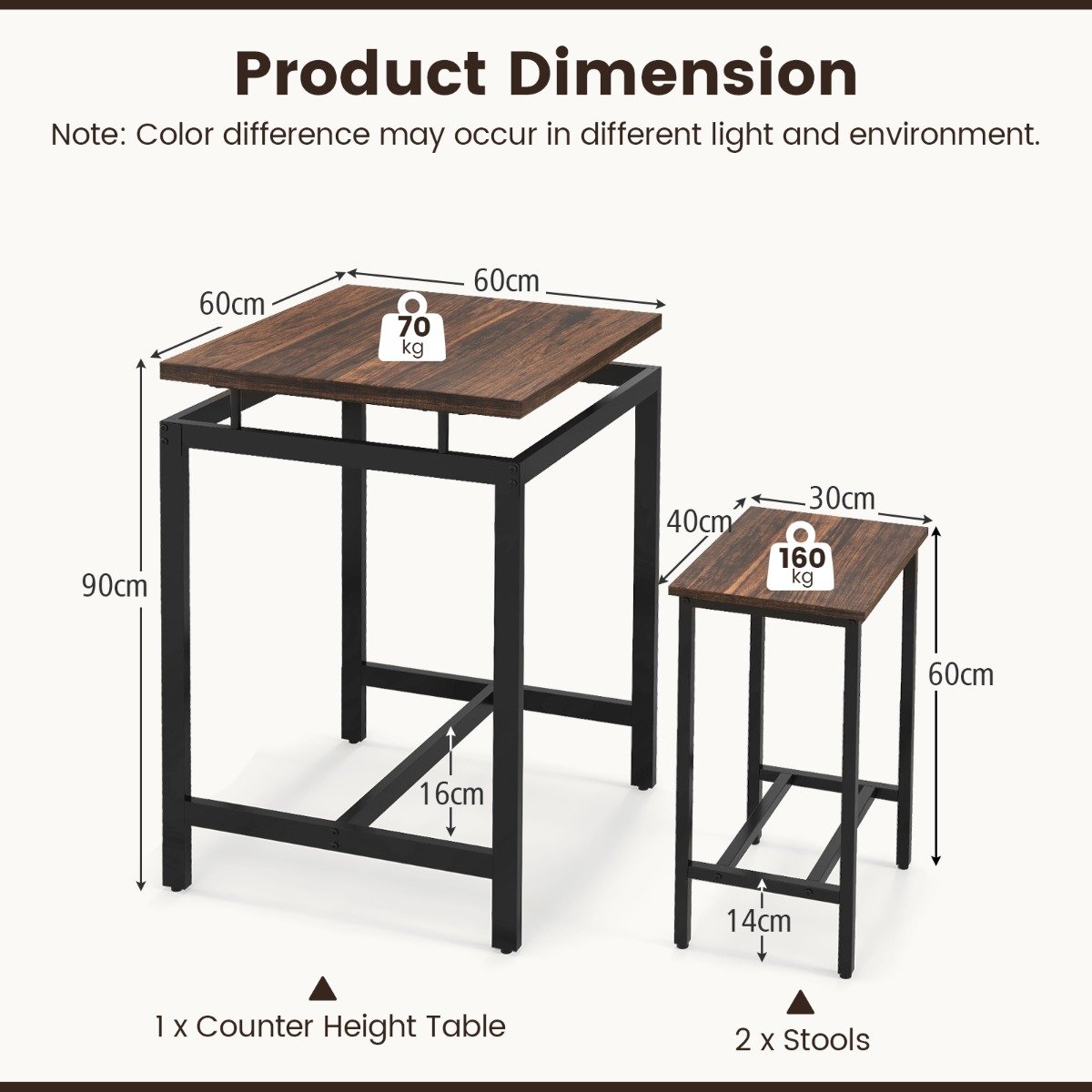 Counter Height Table and 2 Stools set with Floating Tabletop and Footrest for Small Space-Rustic Brown