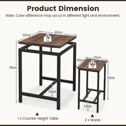 Counter Height Table and 2 Stools set with Floating Tabletop and Footrest for Small Space-Rustic Brown