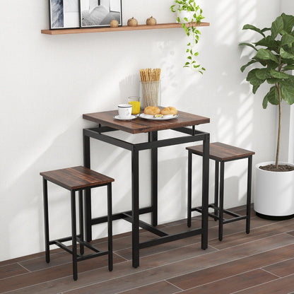 Counter Height Table and 2 Stools set with Floating Tabletop and Footrest for Small Space-Rustic Brown