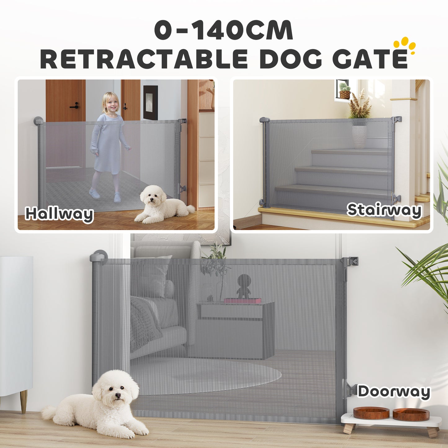 PawHut Retractable Dog Gate, Extends to 140 cm Wide & 93 cm Tall, Mesh Pet Gate with Single Hand Operation, for Stairs Doorways