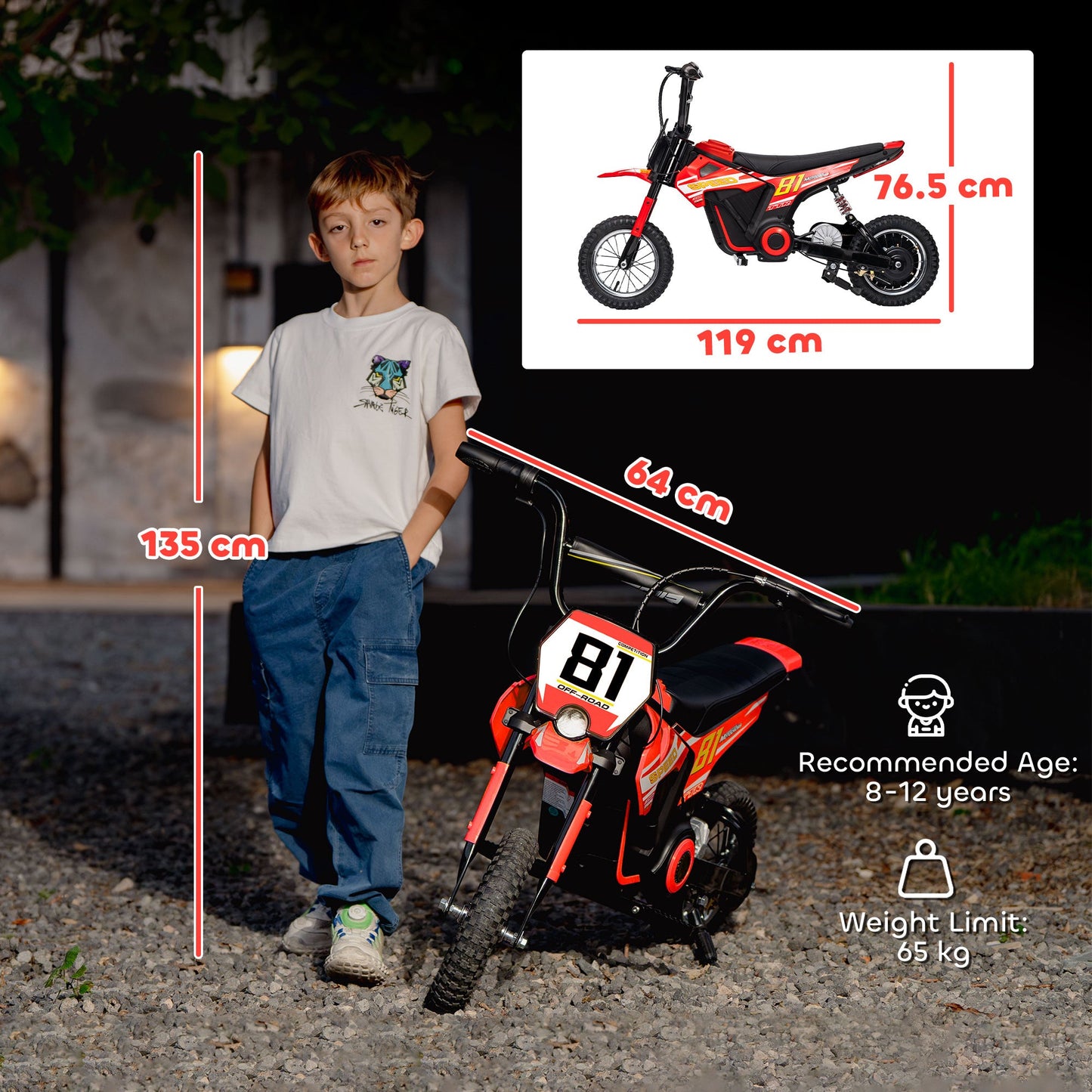 AIYAPLAY Kids Electric Motorbike, 24V Ride On Motorcycle with 3 Speeds and Rear Suspension, Dirt Bike for 8-12 Years Old, Red