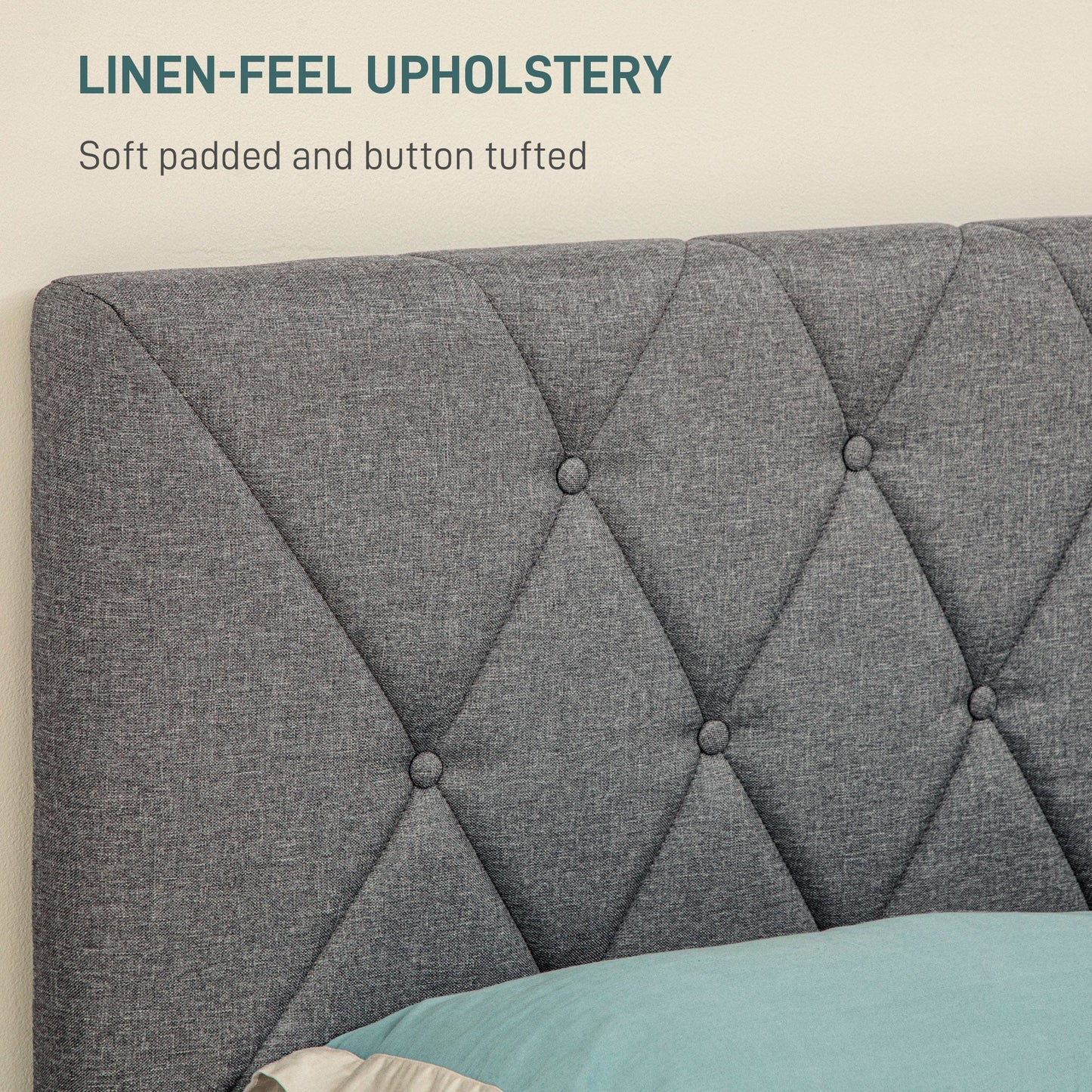 HOMCOM Double Bed Frame with 5-Level Adjustable Linen Upholstered Headboard 145W x 196D x 120Hcm, Grey