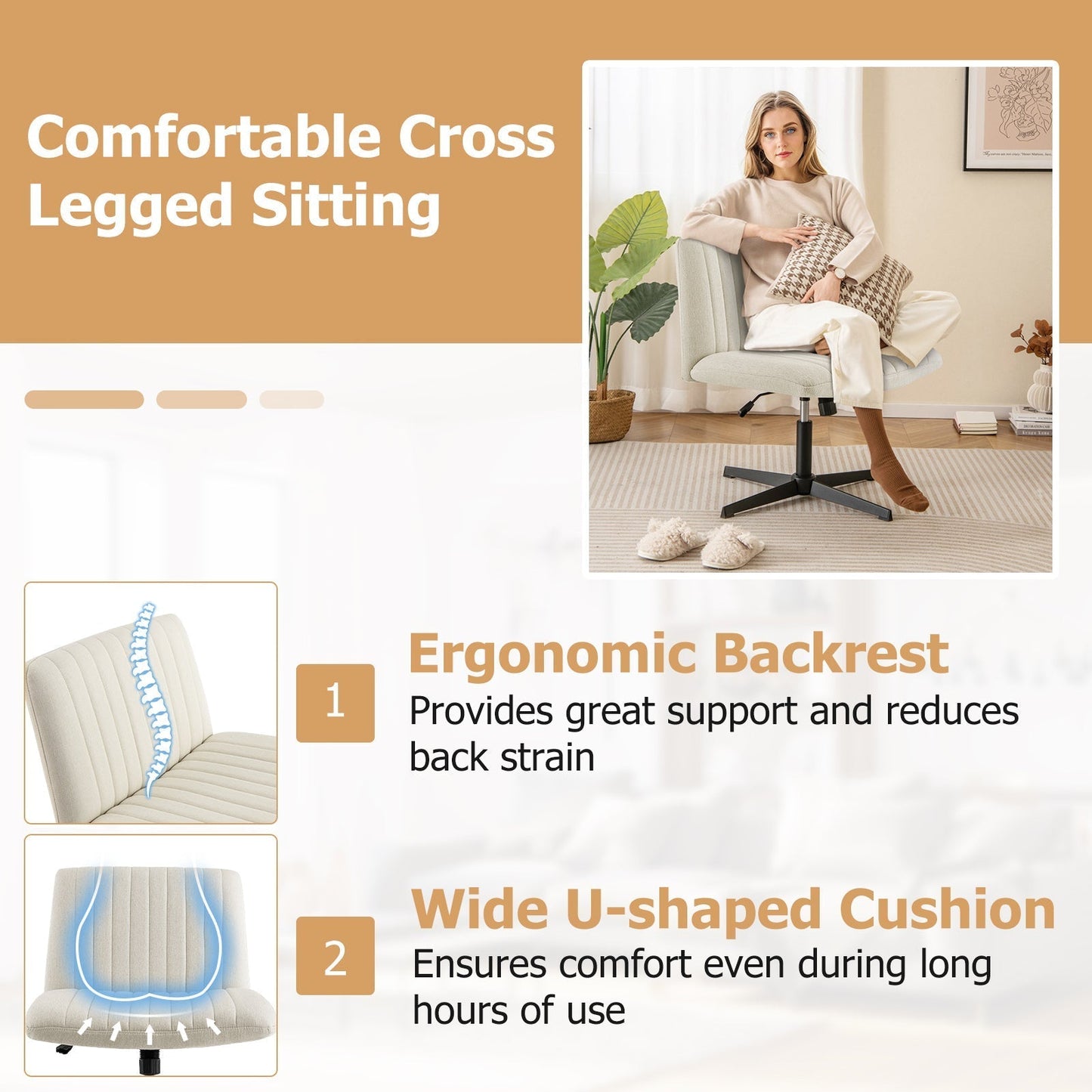 Criss Cross Legged Chair No Wheels 120° Rocking Adjustable Height-Beige