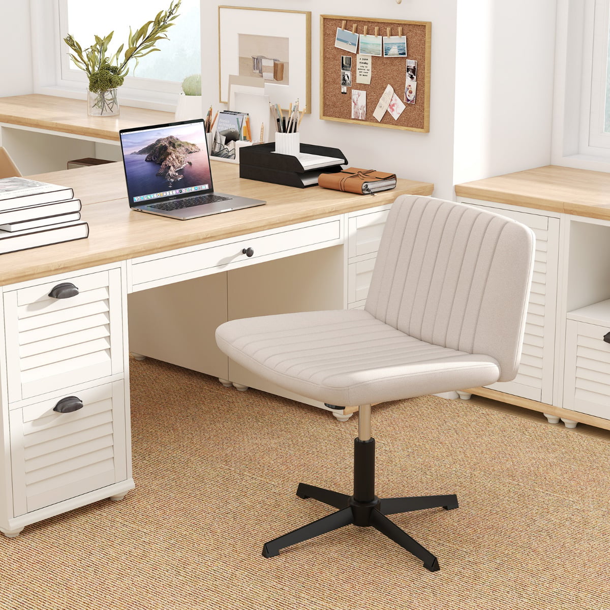 Criss Cross Legged Chair No Wheels with Wide Padded Seat-Beige
