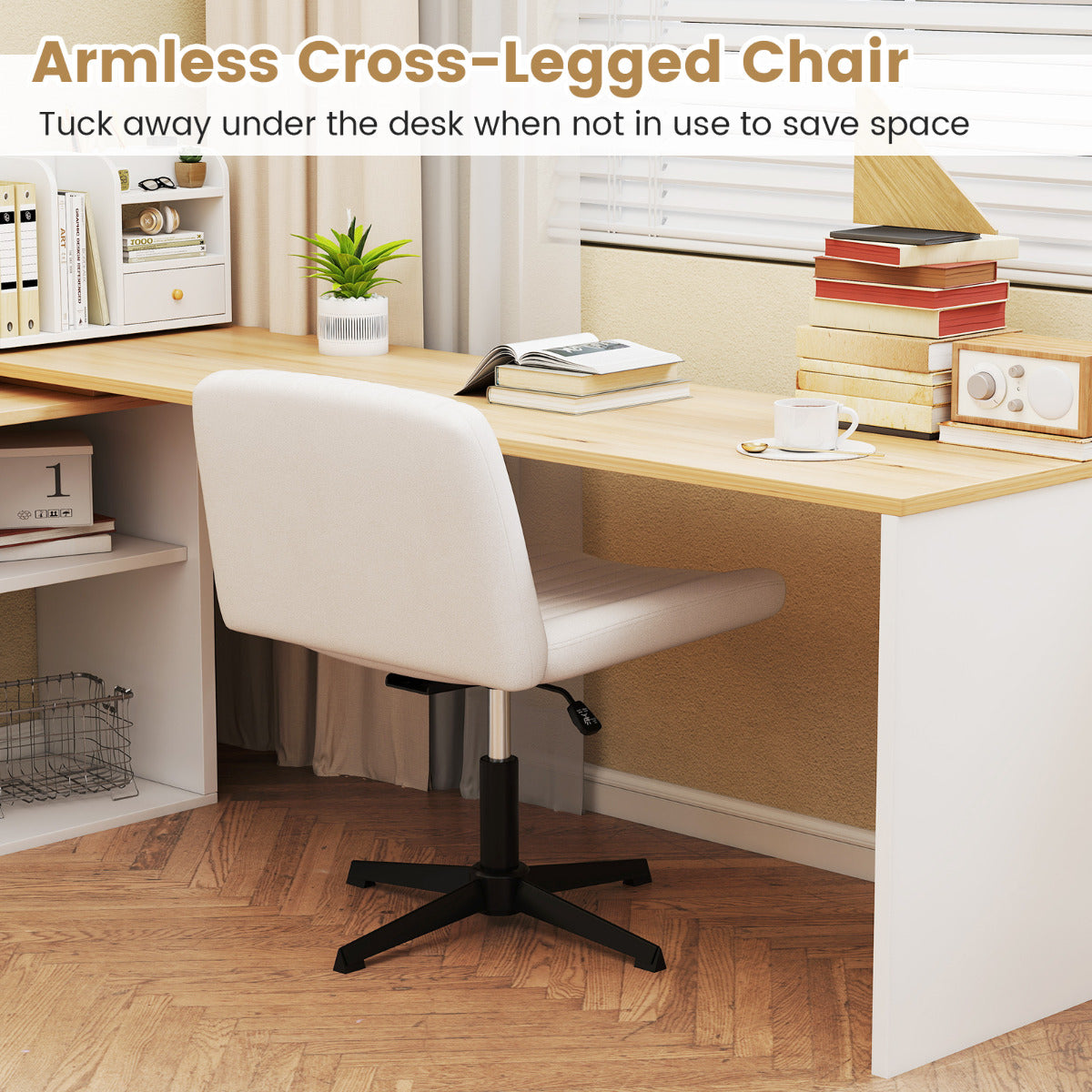 Criss Cross Legged Chair No Wheels with Wide Padded Seat-Beige