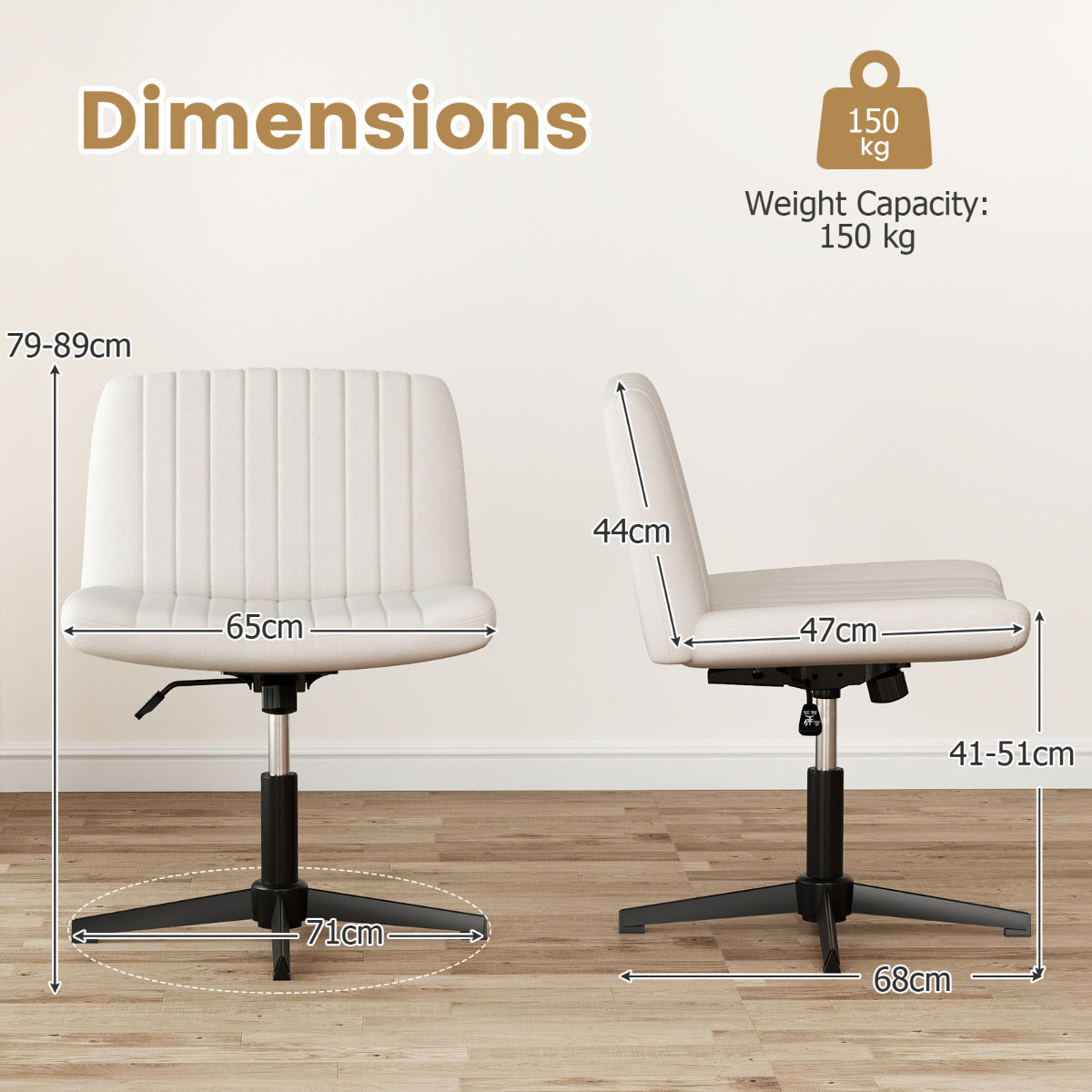 Criss Cross Legged Chair No Wheels with Wide Padded Seat-Beige
