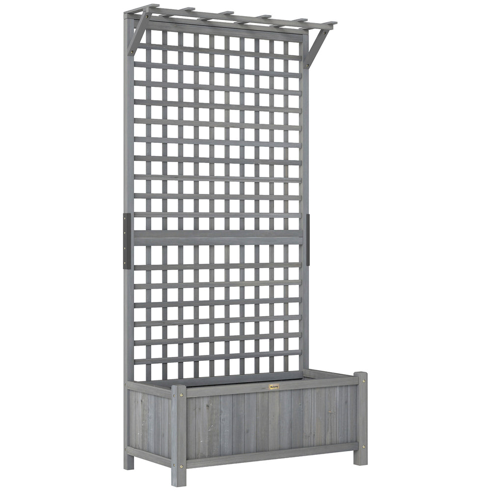 Outsunny Raised Bed with Drainage Holes, Wood Planter with Trellis for Climbing Plants, Dark Grey