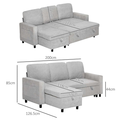 HOMCOM Pull Out Sofa Bed with Storage - Light Grey