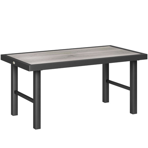 Outsunny Metal Garden Coffee Table, Outdoor Side Table with SPC Woodgrain Tabletop for Outside, Garden, Balcony, Porch, 100 x 53 x 46cm, Grey Wood Effect