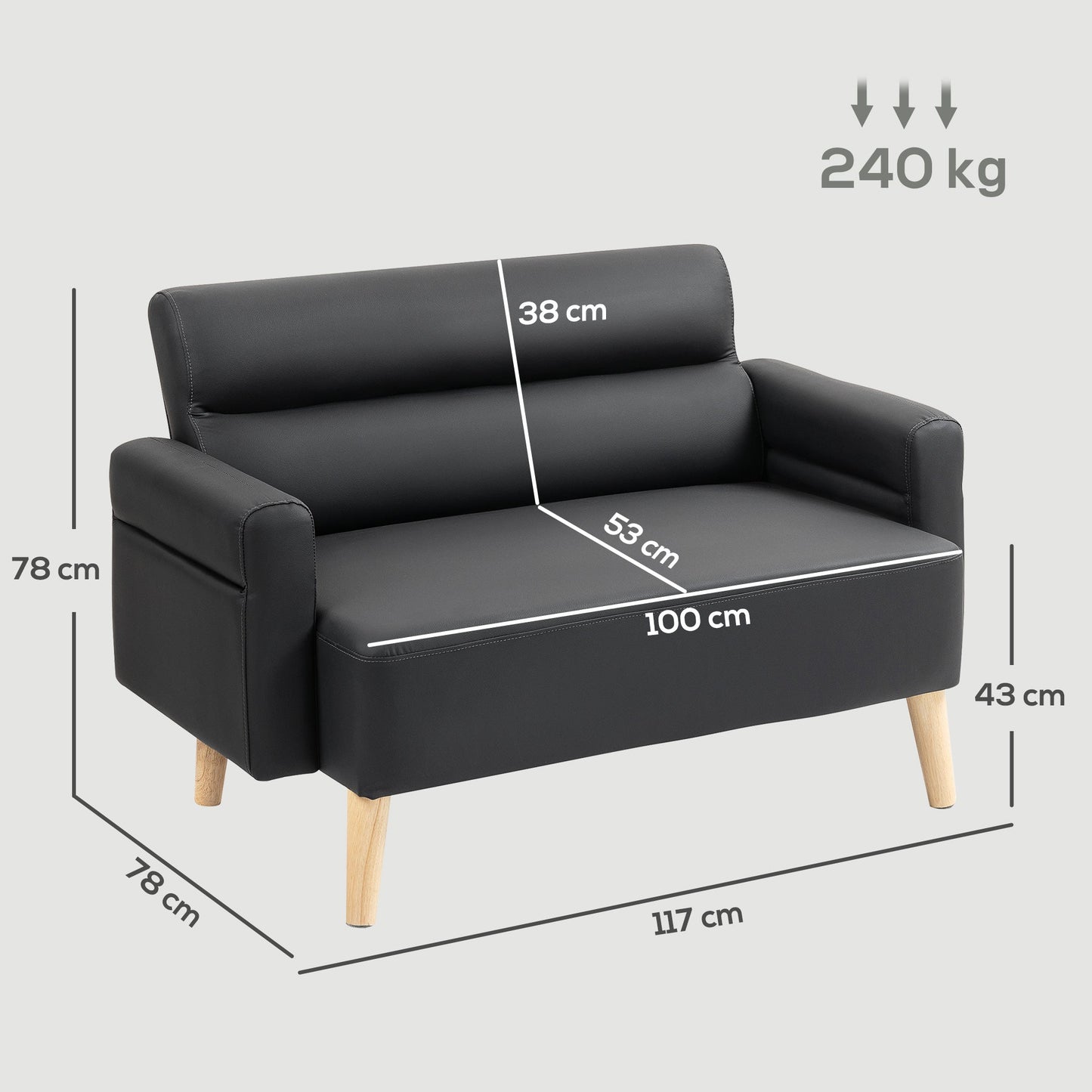 HOMCOM Small Faux Leather 2 Seater Sofa Settee - Black