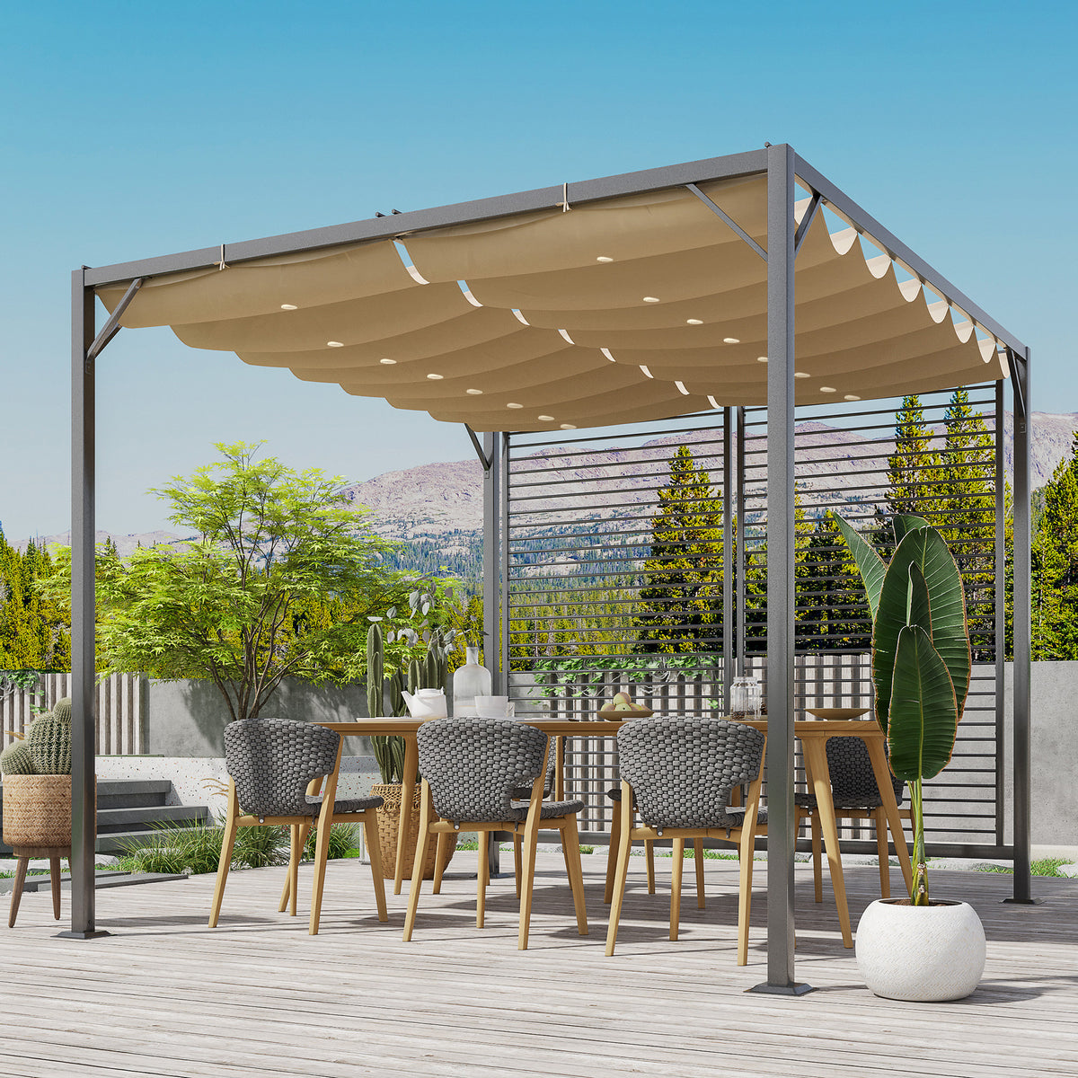Outsunny 3 x 2.8m Metal Pergola, with Retractable Fabric Roof - Beige