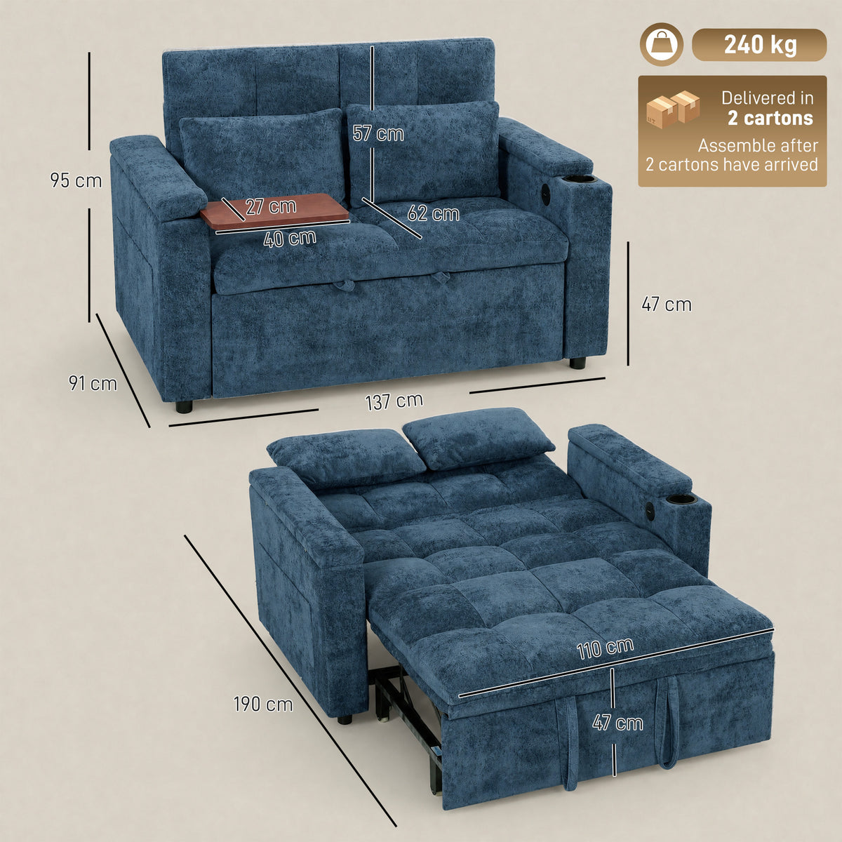 HOMCOM 2 Seater Sofa Bed, 3-in-1 Convertible Pull Out Sleeper Bed with Hidden Table, USB Port, Armrest Storage, Dark Blue