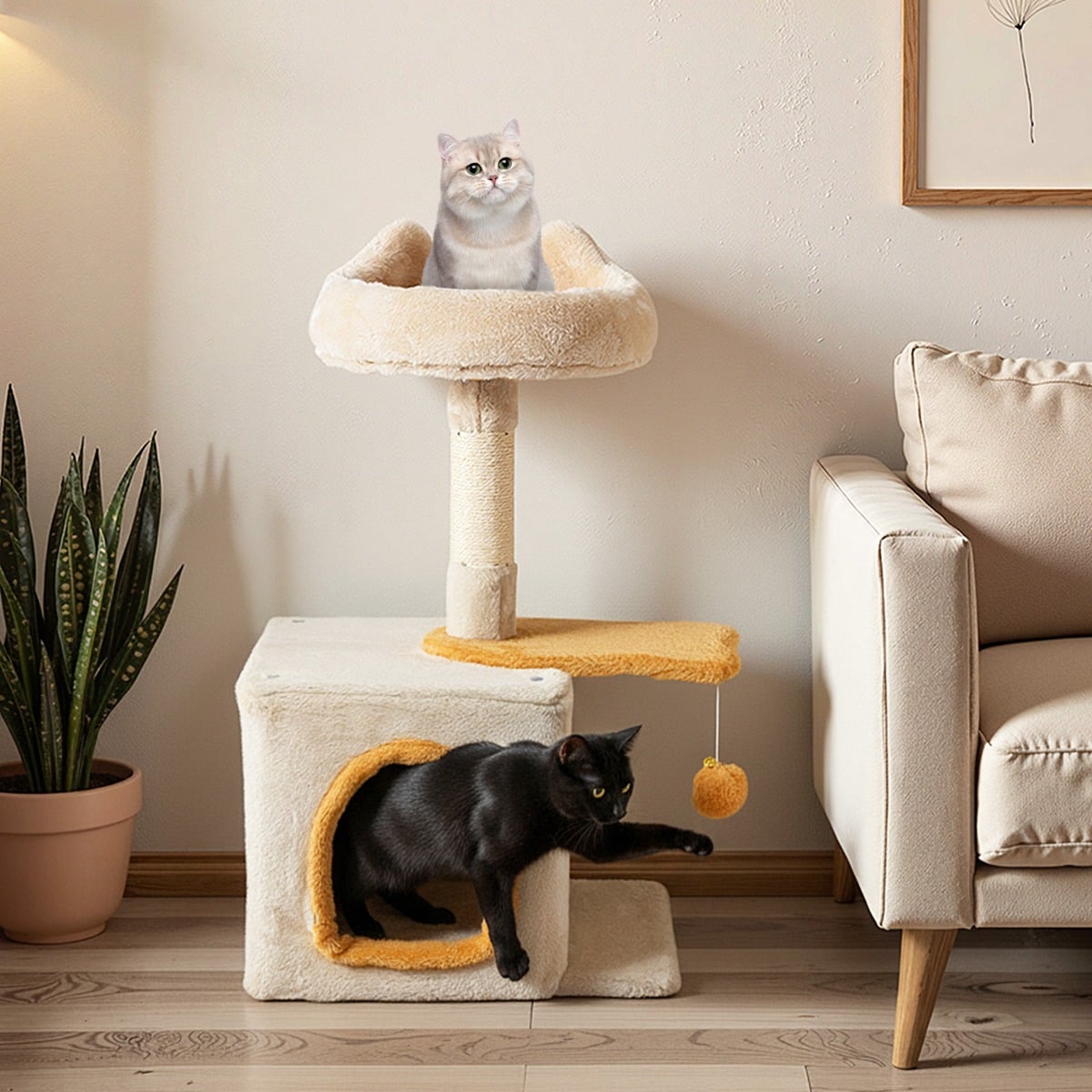 Cute Kitty Tower with Plush Perch for Indoor Kittens-Yellow