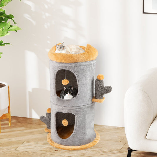 Cute Small Cat Tree Tower with Cozy Condos and Plush Danging Balls