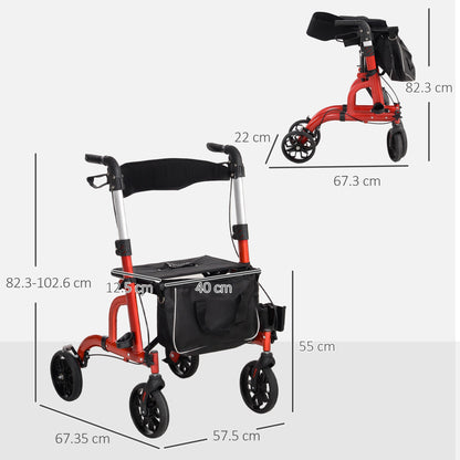 HOMCOM Lightweight Walking Frame, Folding Rollator Walker with Seat and Backrest, Red