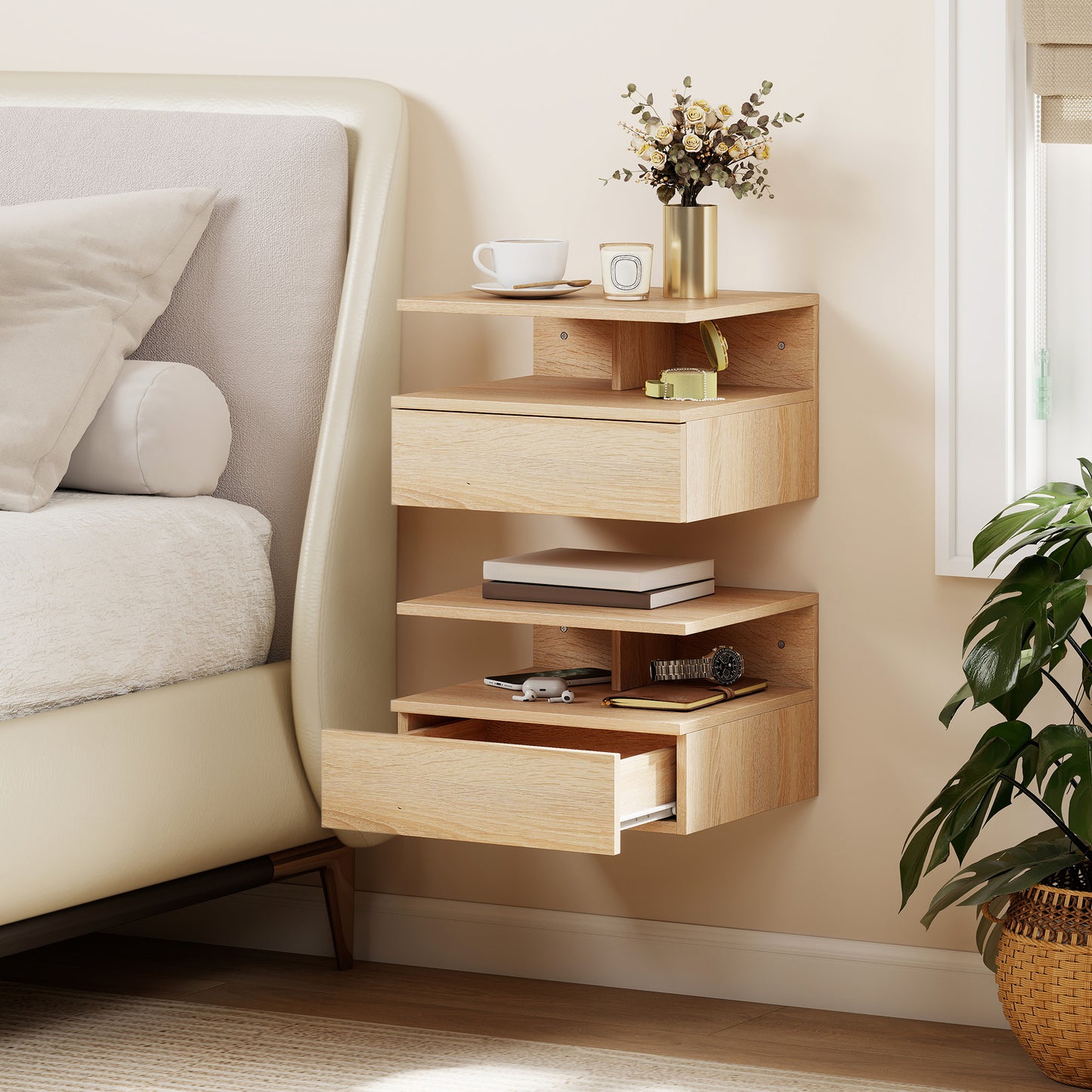 HOMCOM Set of Two Floating Bedside Tables - Oak