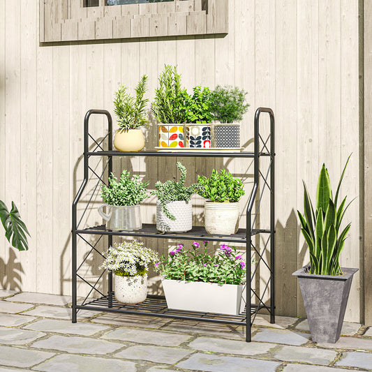 Outsunny 3-Tier Metal Plant Stand, Heavy Duty Ladder Shelf Potted Plants Display Rack, Indoor Outdoor Flower Pot Holder