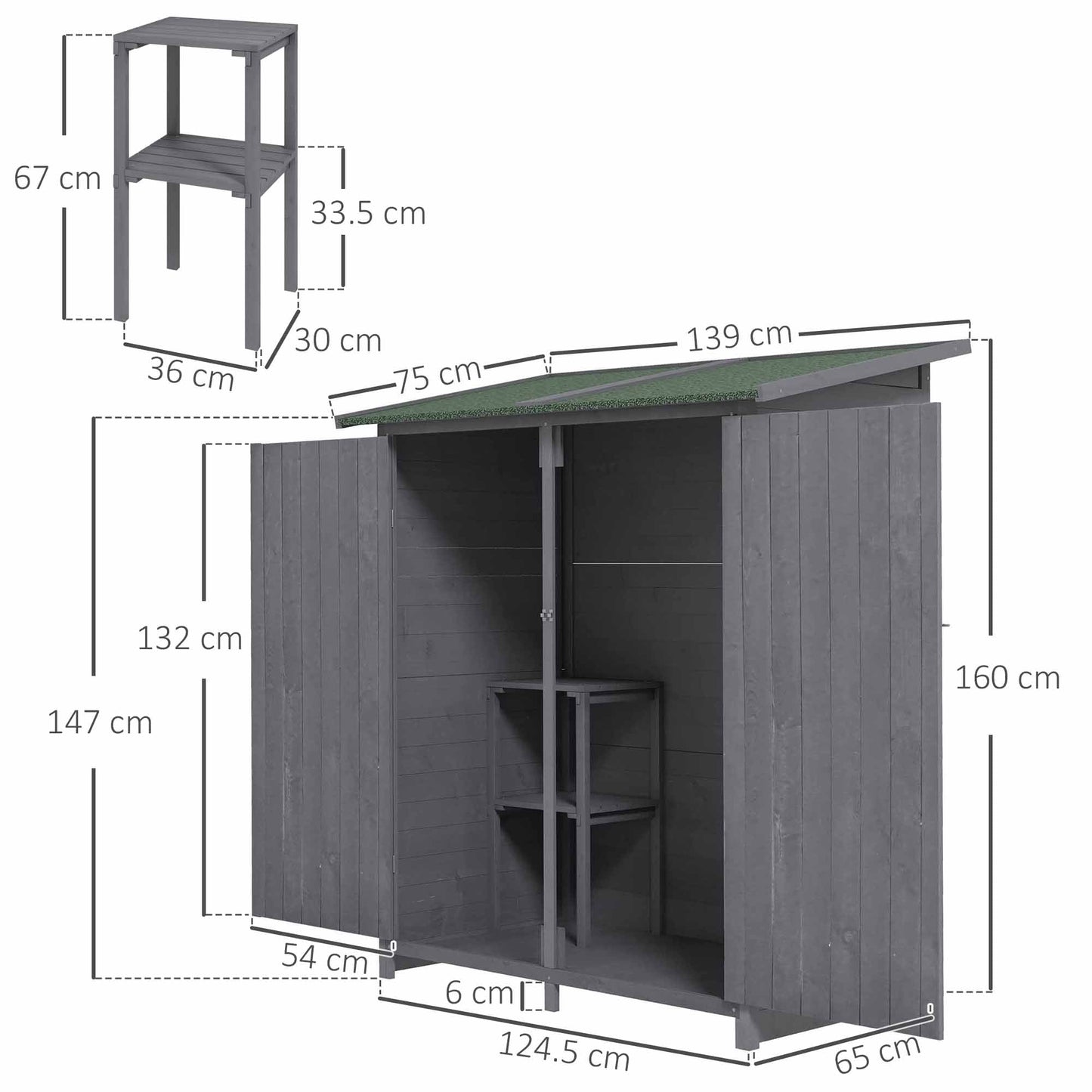 Outsunny 139 x 75 Fir Wood Garden Shed, with Asphalt Roof - Grey