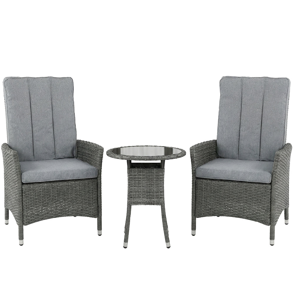 Outsunny Rattan Bistro Set, Reclining Garden Chairs and Glass Coffee Table with Cushions for Patio Balcony Porch, Grey