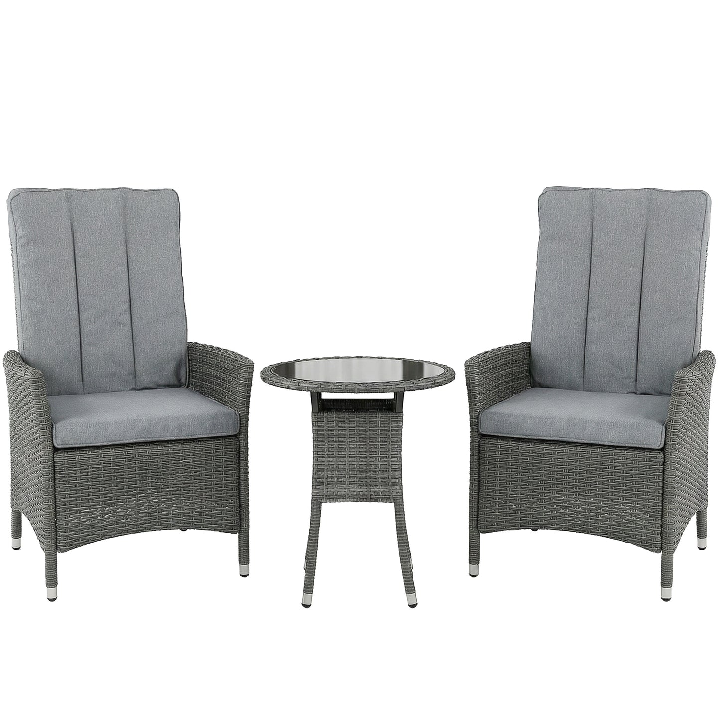Outsunny Rattan Bistro Set, Reclining Garden Chairs and Glass Coffee Table with Cushions for Patio Balcony Porch, Grey