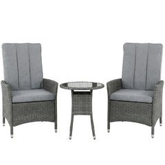 Outsunny Rattan Bistro Set, Reclining Garden Chairs and Glass Coffee Table with Cushions for Patio Balcony Porch, Grey