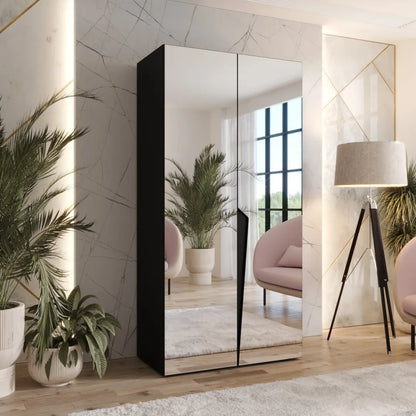 Modern wardrobe with mirror in a stylish room with plants and decor.