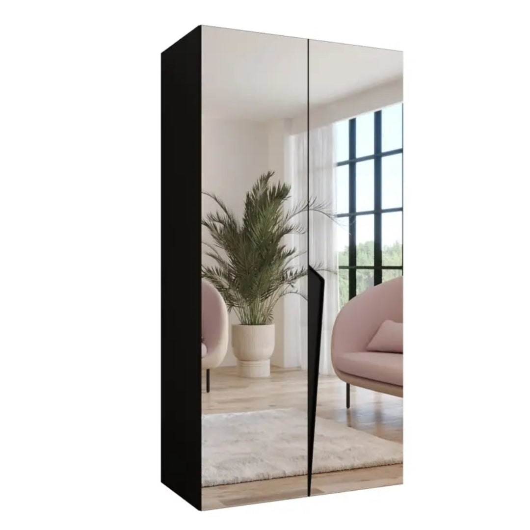 Black wardrobe with mirrored doors in a room setting