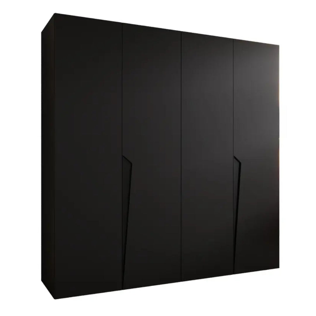 Black wardrobe with three doors on a white background
