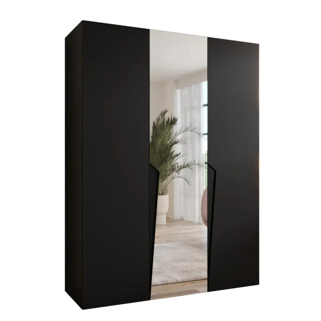 Black wardrobe with a mirror on a white background