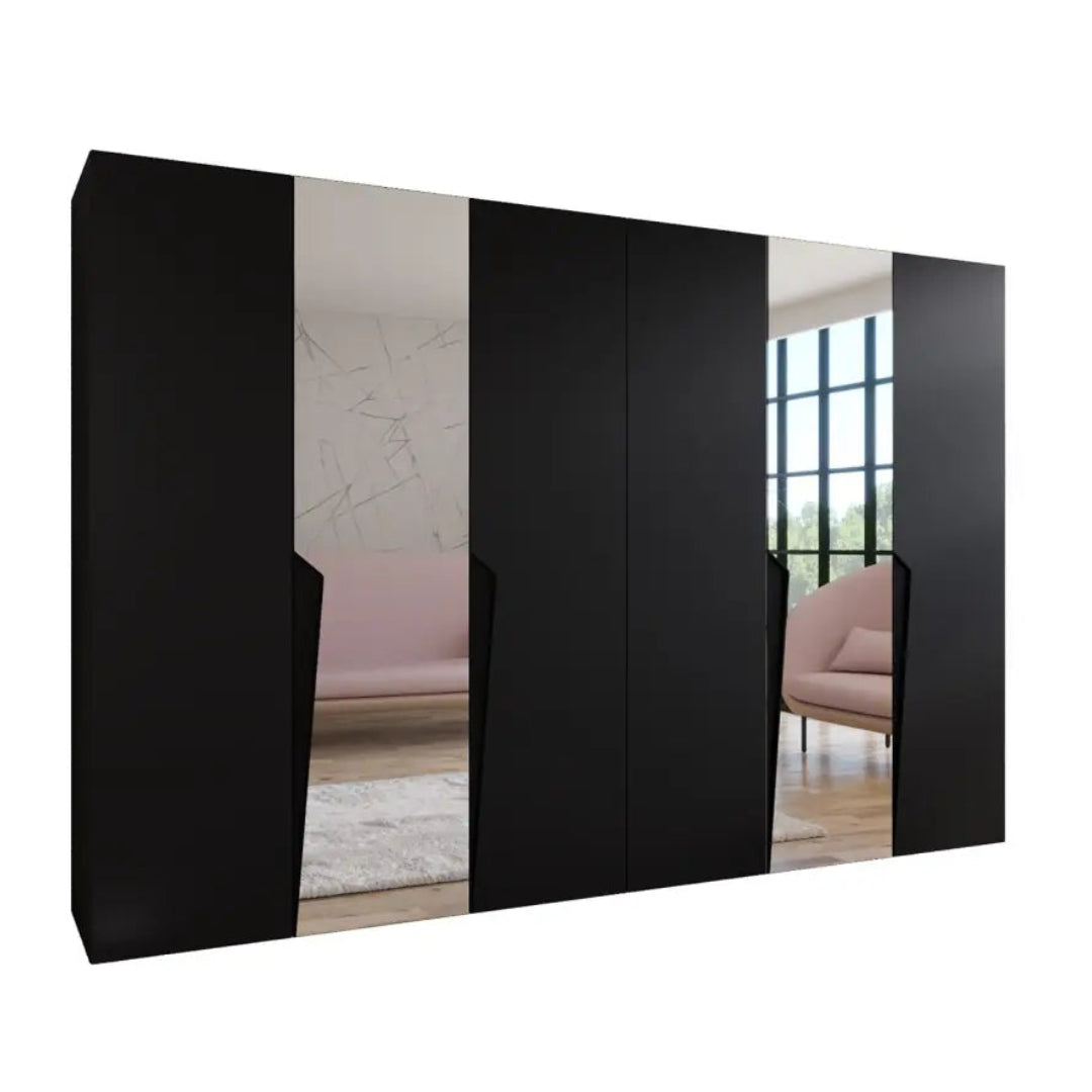 Black wardrobe with reflective doors in a minimalistic room setting