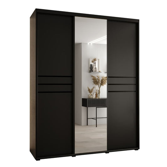 Black wardrobe with a mirror door on a white background