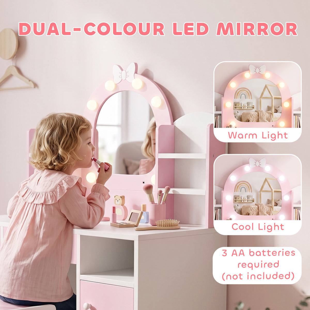 AIYAPLAY Kids Vanity Set, Kids Dressing Table with Stool, 2-Colour Lights Mirror, Cabinet, Drawer and Shelves, Pink