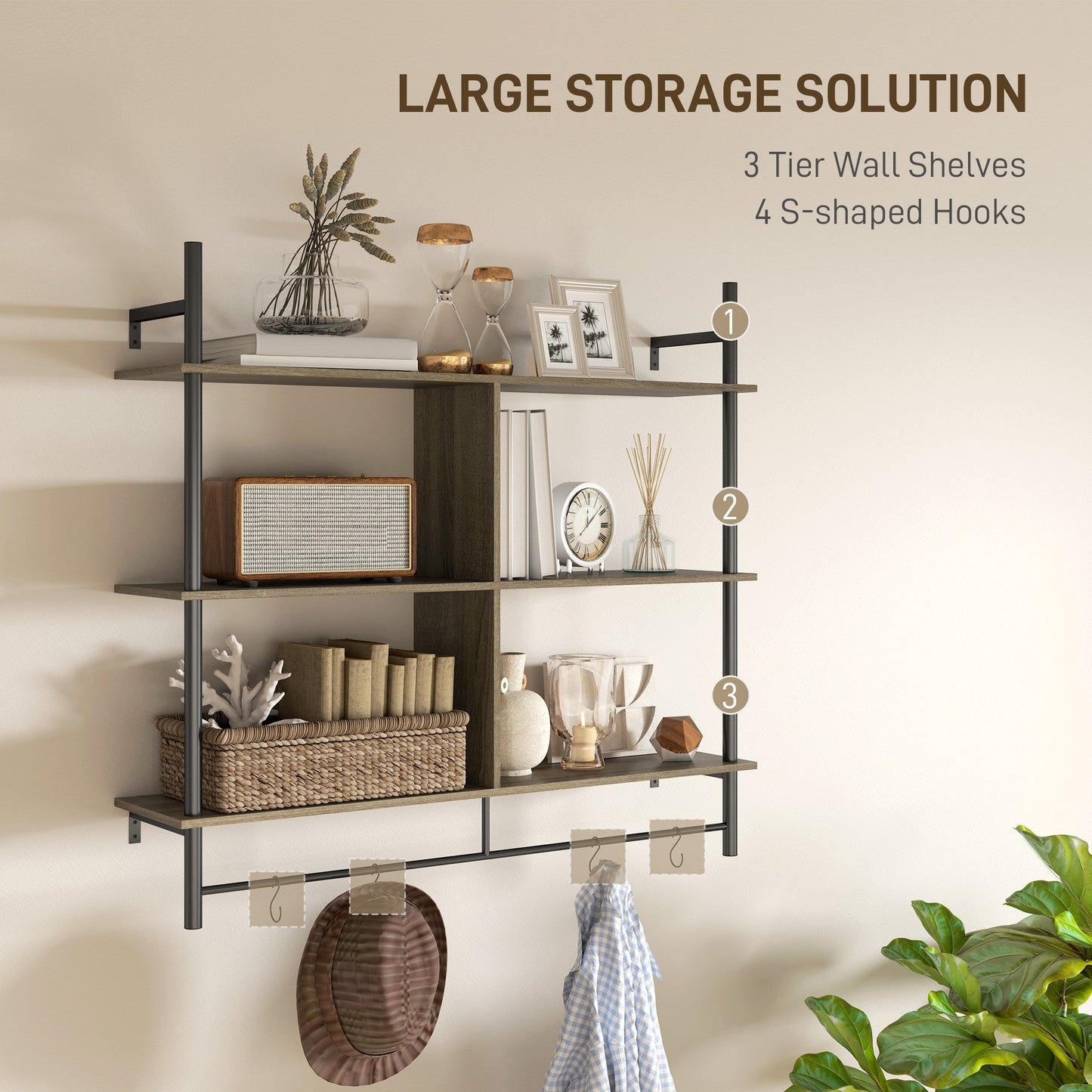 HOMCOM Three-Tier Floating Shelf - Grey Wood Effect