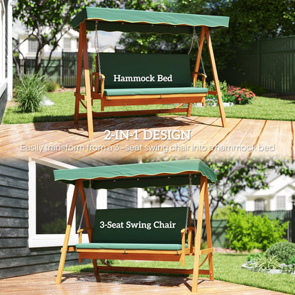 Outsunny 3 Seater 2-in-1 Wooden Garden Swing Seat Swing Chair Outdoor Convertible Hammock Bench Furniture Lounger Bed Wood, Dark Green