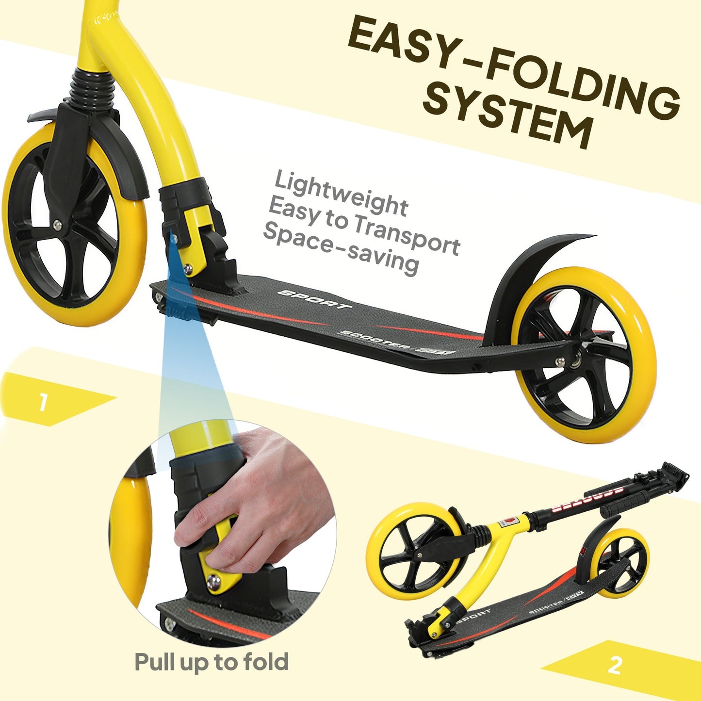 HOMCOM Foldable Kick Scooter with Double Shock Absorption and Big Wheels, Height Adjustable Aluminium Frame Big Wheel Scooter for 14+ Teens Adult - Yellow
